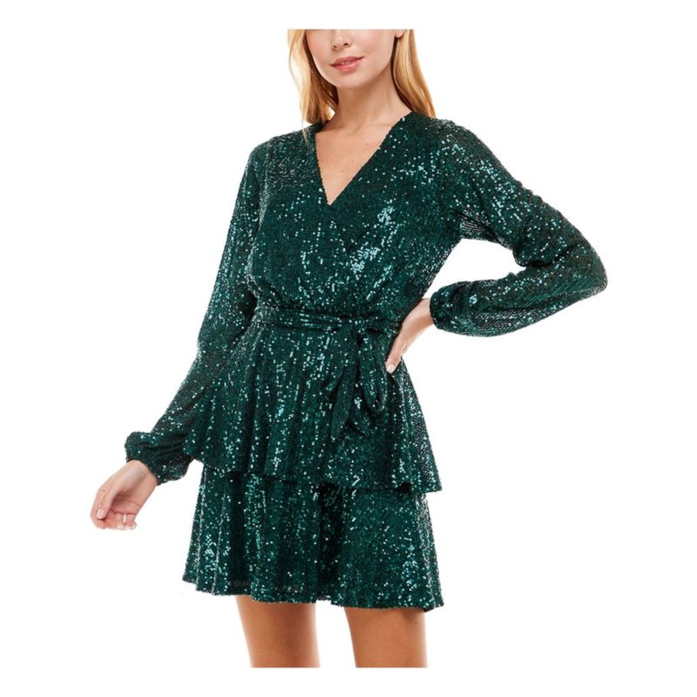 TRIXXI Womens Green Skirt Long Sleeve Short Party Fit + Flare Dress Juniors 5